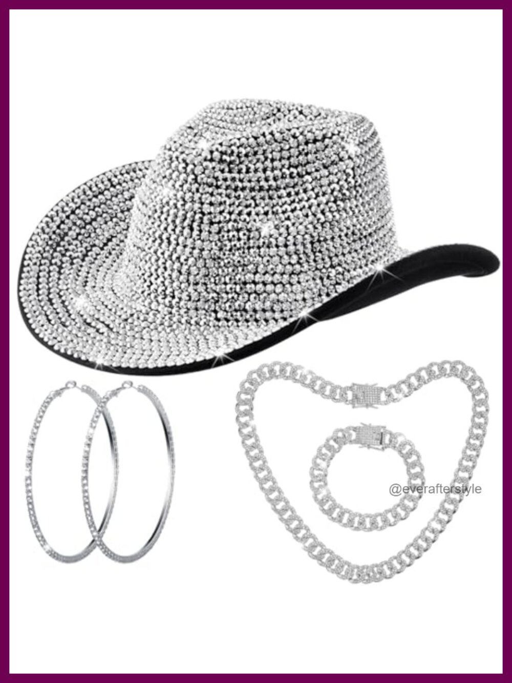 Rhinestone Cowboy Hat Set Chain Necklace Bracelet Earrings Western Costume